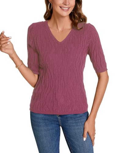 Image of MINTLIMIT Womens Short Sleeve Sweater Summer Pullover Shirt Tops Texture V Neck Casual Knit Tees Tops