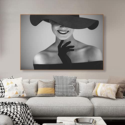 Toile femme chapeau noir sans cadre pour habiller un grand mur vide