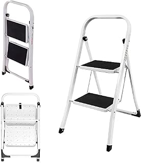 2 Step Ladder - Foldable Ladder With Anti-Slip Mat 2 Step Aluminium Small Step Ladders Lightweight Step Ladder Heavy Duty Folding Step Stool for Home Office Kitchen, 330lbs Capacity