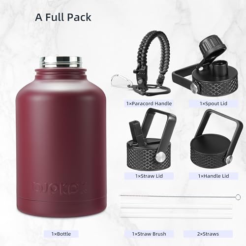 Image of BJPKPK Insulated Water Bottles with Straw Lid, 50oz Large Water Jug, Stainless Steel Vacuum Bottles, Hot & Cold Thermo with 3 Lids and Paracord Handle,Brick Red