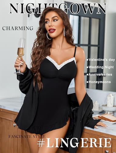 Image of Avidlove Lingerie for Women Sexy Nightgown Modal Nightwear Side Slit Babydoll Chemise Spaghetti Strap nighties