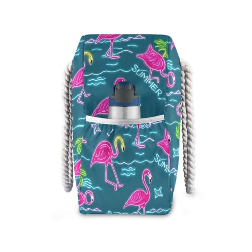 Summer Neon Flamingo Coconut Tree Blue Portable girls beach bag with zipper work tote bags for women with cup holder Good for Travel Pool Swim Beach Vacation Necessities3