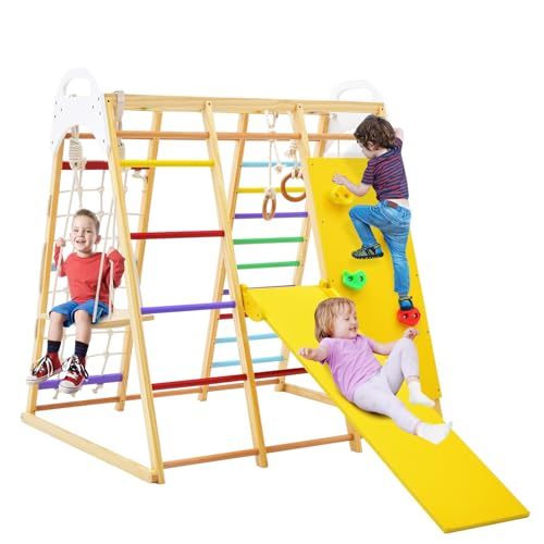 LIFEZEAL 8 in 1 Set di Arrampicata in Legno per Bambini, Parco Casetta con Scivolo, Rete, Scala in Rocce e Altalena, Ragazzi, Giochi Montessori per Bimbi da 3 Anni (colorati)