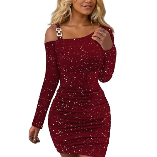 EMOTTOS Damen Sexy Pailletten Minikleid, Ausgehkleider Schulterfrei Quadratische Schnalle Abgeschrägte Schultern Wickelkleid, Unten Taille Falte Slim...
