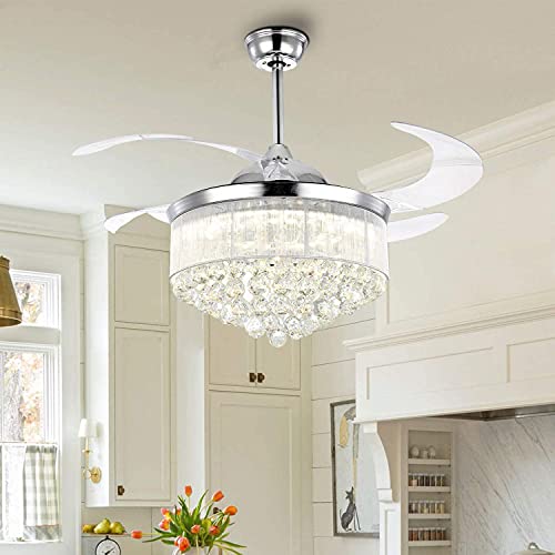 Black Friday 🔥 FANSAN 42" Crystal Ceiling Fan with Light and Remote, Modern Crystal Chandelier Fan with Retractable Blades, 3 Speeds 3 Color Changes Silent Fan for Indoor Bedroom Living Room