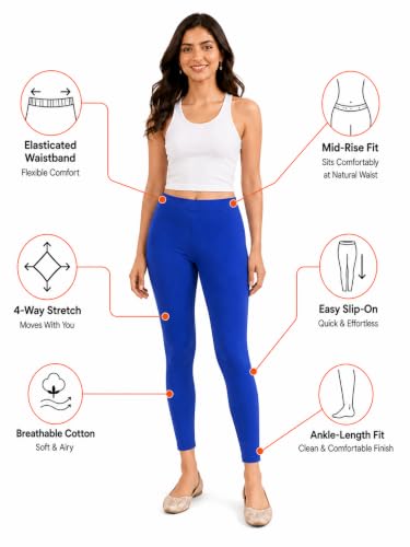 Image of Women's Cotton Lycra Ankle Length Leggings | Regular Rise, Soft 4 Way Stretch Fabric | Casual & Ethnic Wear
