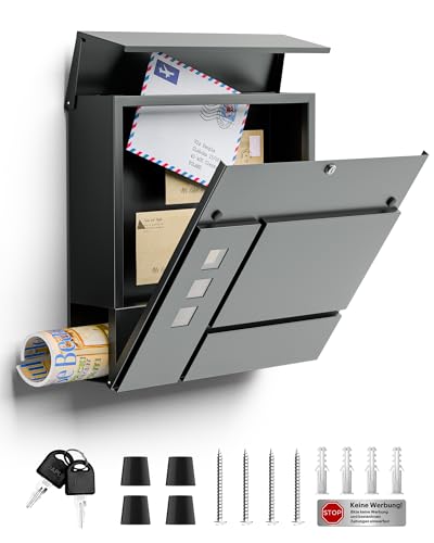Boîte aux Lettres avec Compartiment à journaux en Anthracite, Montage Mural en Acier Inoxydable - 2 clés - Résistant aux intempéries - Matériel de...