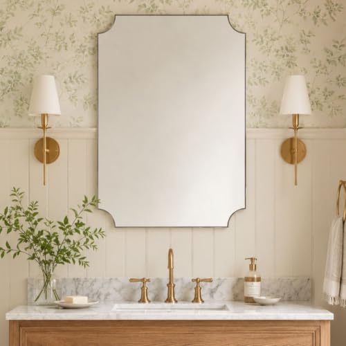 Image of TEHOME Brushed Nickel Scalloped Bathroom Mirrors, 30x40'' Silver Metal Framed Vanity Mirror for Bathroom