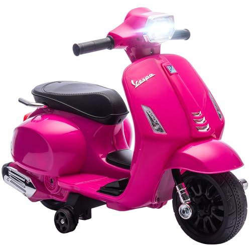 AIYAPLAY Moto Eléctrica para Niños 6V con Licencia Vespa, Moto Eléctrica Infantil con Ruedas Auxiliares de 6,9'', Velocidad de 2,5km/h, Faro y Bocina, para Niños de 2-6 Años, Rosa