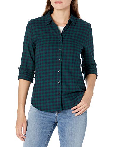 Amazon Brand - Goodthreads Women's Flannel Slim Fit Long Sleeve Shirt, Deep Emerald/Navy Mini Buffalo Plaid, X-Large