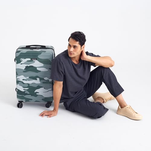 Image of Assembly Stark Hard Luggage 24 Inch (63 cm) Check-in Medium Luggage Trolley Bag, Unbreakable Polycarbonate Camo Print, TSA Lock, Silent 8 Spinner Wheels, Hard Shell Travel Suitcase Green