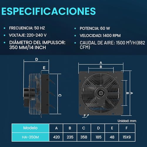Miniatura 5 de Hg Power Ventilador De Pared Industrial De 350 Mm, 1500 M H, Ventilador De Pared Con Filtro De Malla, Ventilador De Escape Con Enchufe De La Ue, De Aluminio, Para Sótano, Garaje, Cocina