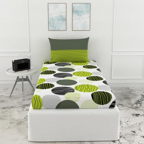Image of LORETO - A QUALITY LINEN BRAND 144 TC 100% Pure Cotton Single Fitted Bedsheet with 1 Pillow Cover for 72 x 36 Inch Mattress, All-Around Elastic, 8 Inch Deep Pocket, Olive Green & Black Circles