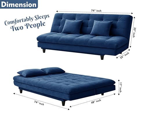 Image of Modern Convertible Three-Seater Futon Sofa Bed with Tufted Sleeper Couch Sofa with Adjustable Backrest- Living Room Furniture-Blue