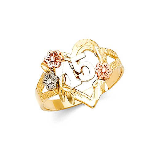14k Yellow Gold Tricolor Quinceanera '15' Birthday Heart Ring Fancy Flowers Polished Solid