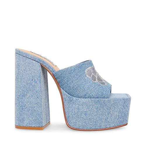 Steve Madden Tricks Denim Multi Block Heel Squared Toe Slip On Platform Sandals (Denim Multi, 7.5) #TOP2