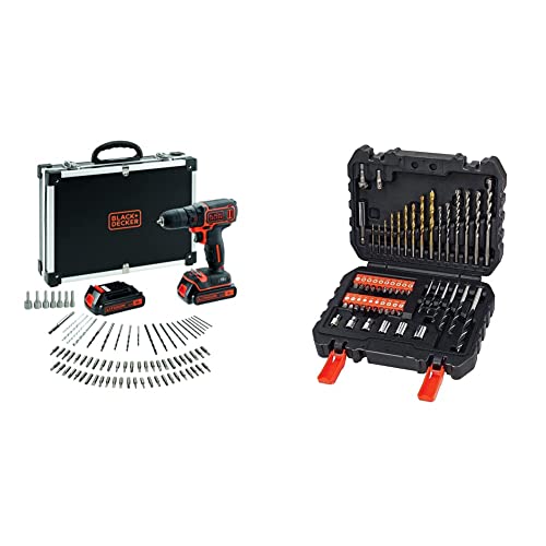BLACK+DECKER Perceuse Visseuse Sans Fil 18 V Li-Ion avec Chargeur - Inclus 80 Accessoires et 2 Batteries 1,5 Ah & Coffret de Perçage et Vissage (50 pièces,...