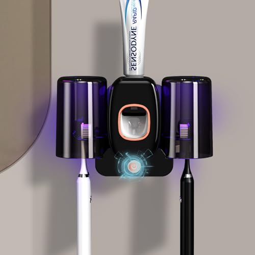 Toothbrush Holders for Bathrooms,Rechargeable Cordless Wall Mounted Tooth Brushing Holder,Electric Toothbrush Holder with 2 Cups,4 Toothbrush Slots,Toothpaste Dispenser (Black)