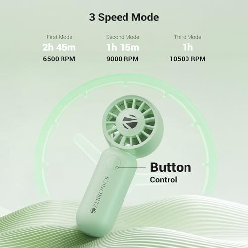 Image of Zebronics Heat Buster 100, Mini Portable Hand Fan, 10500 RPM, 3 Speed Modes with Brushless Motor, Upto 5.4m /s Airflow, Type C Charging, for Travel, Makeup, Office, Home (Green)
