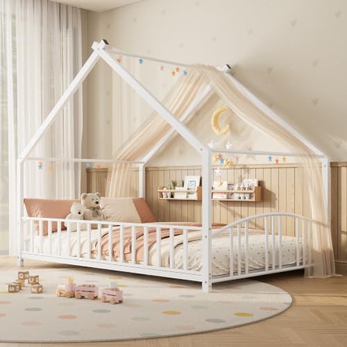 Image of Garvee Full Size Montessori Metal House Floor Bed Frame with Rail, White