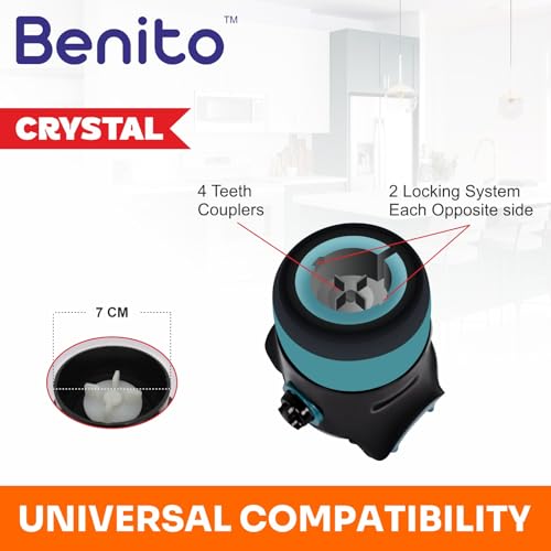 Image of Benito Crystal Transparent Polycarbonate Juicer Jar (1L) for Mixer Grinder - Compatible with 4-Teeth Coupler & Dual Locking System