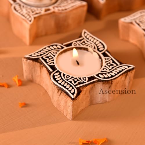 Image of Ascension Pack of 4 Wooden Swastik Shaped Tea Light Candle Holder Handmade Wooden Block Print Tealight Candle Stand Decorative Items For Puja Gifting Indoor Outdoor Diwali Decoration Home Office Decor