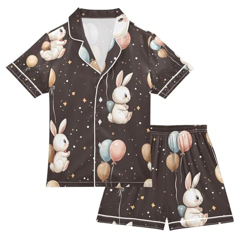 senya Rabbit Balloon on Star Satin Summer Pajama Sets Silk Short Sleeve Button Down Sleepwear