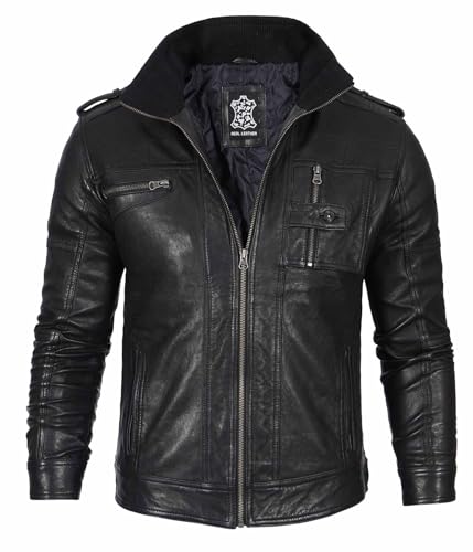 Image of fjackets Mens Leather Jacket - 100% Real Lambskin Cafe Racer Leather Jacket Men Moto Style Jackets