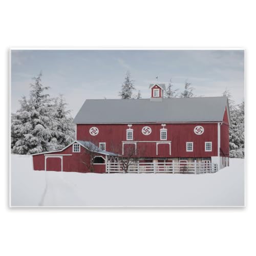 Red Barn Winter Landscape, 10 x 15 Inch Mounted Print on Wall Plaque