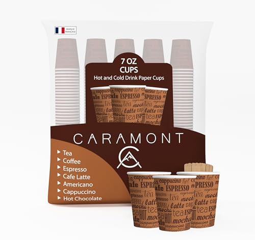 Caramont, 7 Oz 400 bicchieri in cartone con agitatori in legno, ecologici e monouso, resistenti al calore, per bevande fredde e calde in cartone di qualità, ideali per caffè, tè, compleanno, ecc.