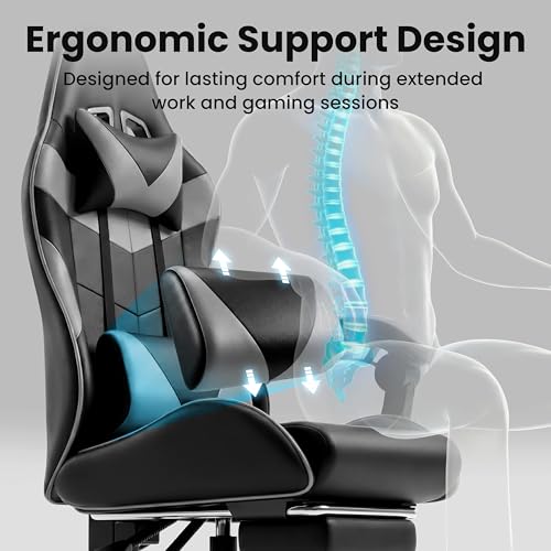 Image of Gaming Chair, Ergonomic Computer Chair with Footrest and Lumbar Support, Height Adjustable Office Chair with 360 Swivel Seat and Headrest (Black & Grey)
