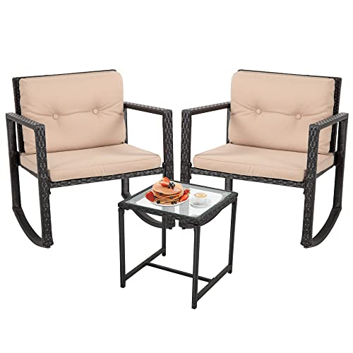 FDW Black Wicker 3-Piece Outdoor Bistro Set with Rocking Chair and Coffee Table for Patio and Poolside