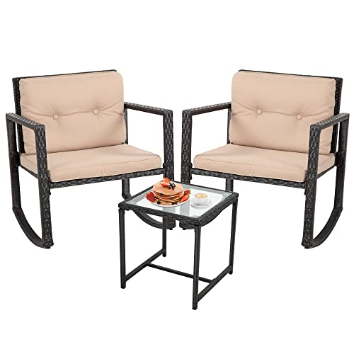 Wicker Patio Furniture Sets Outdoor Bistro Set Rocking Chair 3 Piece Patio Set Rattan Chair Conversation Set for Backyard Porch Poolside Lawn with Coffee Table,Black