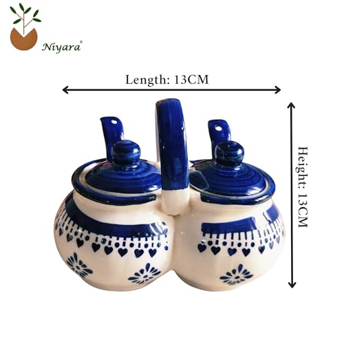 Image of Niyara Multipurpose Storage Ceramic Pickle set Jars & with Lid & tray (Set of 2, 300 ML) (Blue floral design)