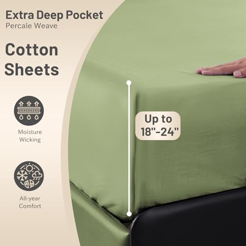 MEISHANG Extra Deep Pocket Queen Sheets - 1000 Thread Count Sheet Set - Fits 18"-24" in Deep Mattress,100% Egyptian Cotton,Sateen Weave, Soft & Breathable - 4 Piece (Queen, Olive Green) - Thumbnail 5
