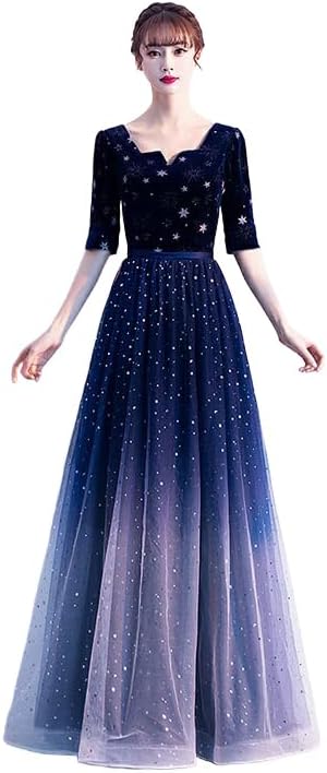パーティードレス ロングドレス 結婚式 キラキラ 星柄 グラデーション ドレス 半袖 成人式 同窓会 ピアノ 発表会 テージドレス