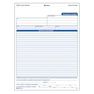 Adams Contractor Invoice Forms, 8.5 x 11.44 Inch, 3-Part, Carbonless, 100-Pack, White, Canary and Pink (NC3822)