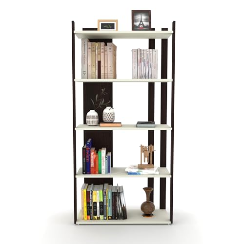 Image of ESTANTERIA Cuadrito Book Shelf Wooden Engineer Wood Book Rack for Study Room 5 Tier Corner Rack Storage Organizer Modern Book Display Showcase Stand for Library, Living Room,Office(Wenge & White)