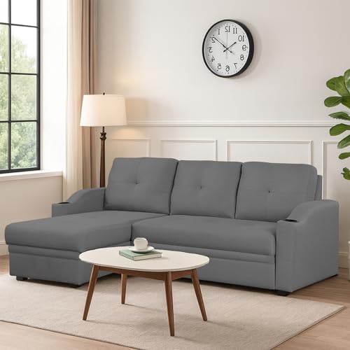 Image of Casaliving Ravonna LHS 4 Seater L Shape Corner Sofa Cum Bed for Living Room (Dark Grey Fabric) Premium Fabric Sofa
