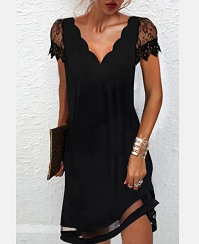 Ruilogod Femmes ondulées col en V Dentelle Panneau Robe Confortable décontracté à Manches Courtes Barboteuse Robes élégantes Chic drapé Robes fête Plage Jupes, 5XL Cover