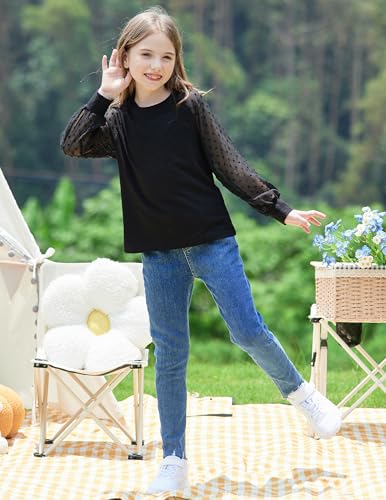Image of Yekaty Girls Shirts Casual Solid Color Crewneck Blouses Soft Long Sleeve Swiss Dots Chiffon Tops