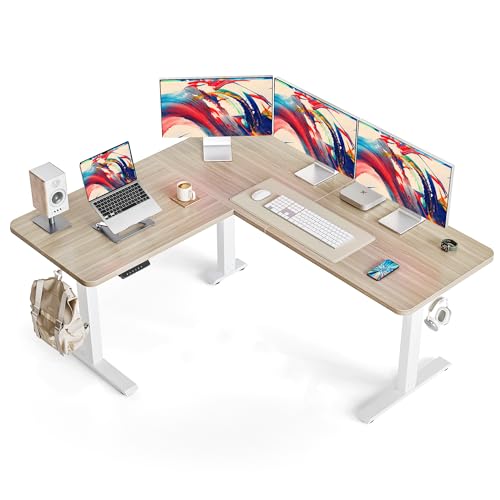 Image of FEZIBO 63 inch L Shaped Standing Desk Height Adjustable, Sit Stand Home Office Desk with Splice Board, Electric Stand up Corner Desk, White Frame /Light Walnut Top
