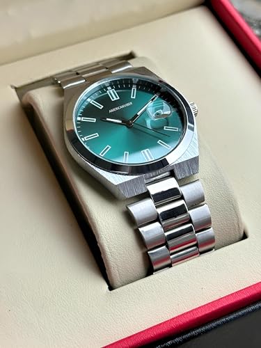 Image of AMERICANVIBER Men's Silver Stainless Steel Watch, Vibrant Green Sunburst Dial, Quartz Analog Movement, Date Display, Faceted Bezel for Men