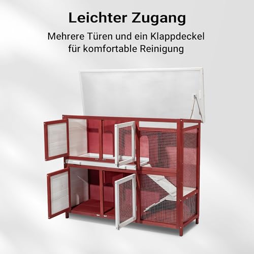 Wiltec Kaninchenstall rot weiß 1175 x 410 x 1000 mm, Hasenstall als Ergänzung für Freilauf, Kaninchenkäfig Hasenkäfig mit 4 Türen und Treppe