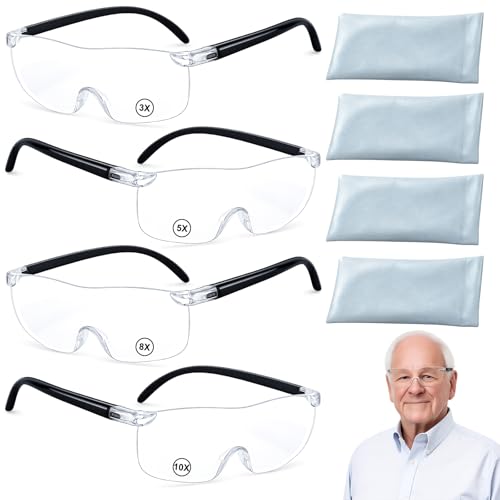 4 Stück Lupenbrille Vergrößerungsbrille mit verschiedenen Stärken Leselupe für Brillenträger 300% 500% 800% 1000% Vergrößerung inklusive 4 blauen Brillentasche
