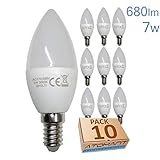Máxima potencia lumínica (LA) Pack 10x LED VELA C30, 7W, Blanco frio (6500k), POTENTISIMA, 680 Lumenes. Casquillo fino E14. (Blanco Calido (3000K), Pack 10x)