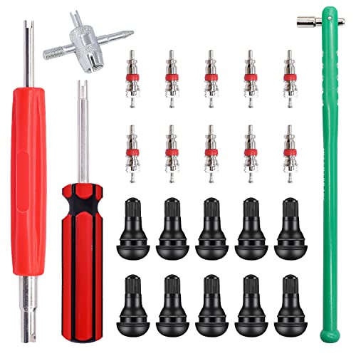 Image of Tire Valve Stem Puller Installer Tool Kit - 10PCS Valve Cores, 10PCS TR412 Tire Valve Stem, 4-Way Valve Tool, Single and Dual Heads Valve Core Remover Tire Repair Tool