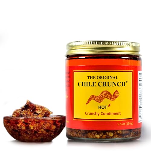 CHILE CRUNCH - Hot Spicy Crunchy Condiment - All Natural Roasted Chili Peppers, Garlic &amp; Onion Crisp Sauce - Vegan, Gluten-Free, No Preservatives - Homemade Authentic Mexican Recipe 5.5oz