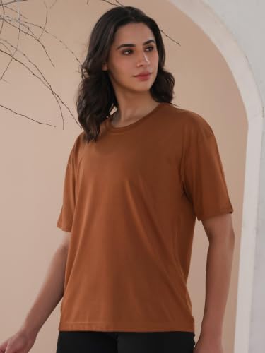 Image of CHKOKKO Oversized Round Neck Drop Shoulder Solid Polyester Full Sleeves T-Shirt for Women