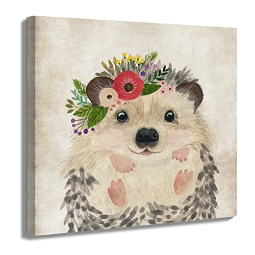 Image of ORIDOMY Cute Hedgehog Print Wall Art Retro Animal Portrait Poster Funny Raccoon with Garland Picture Painting Safari Animal Art Print for Nursery Room Decor Vintage Kids Bedroom Home Decoration 12x12